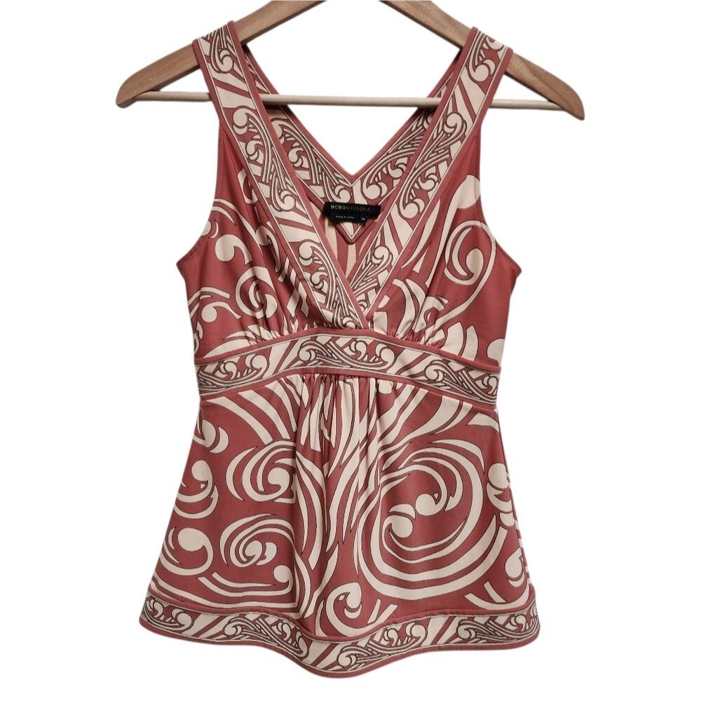 BCBGMAXAZRIA Top Women XS Red Beige Geometric Sleeveless Surplice V Neck Stretch